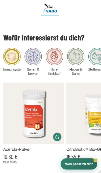 Screenshot sanitas.shop Mobile: Beratungs-Grid 'Wofür interessierst du dich?' mit 5 Kategorien (Immunsystem, Gehirn & Nerven, Herz-Kreislauf, Magen & Darm, Stoffwechsel), darunter Produkt-Cards Acerola-Pulver und CitroBiotic Bio-Grapefruitkernextrakt